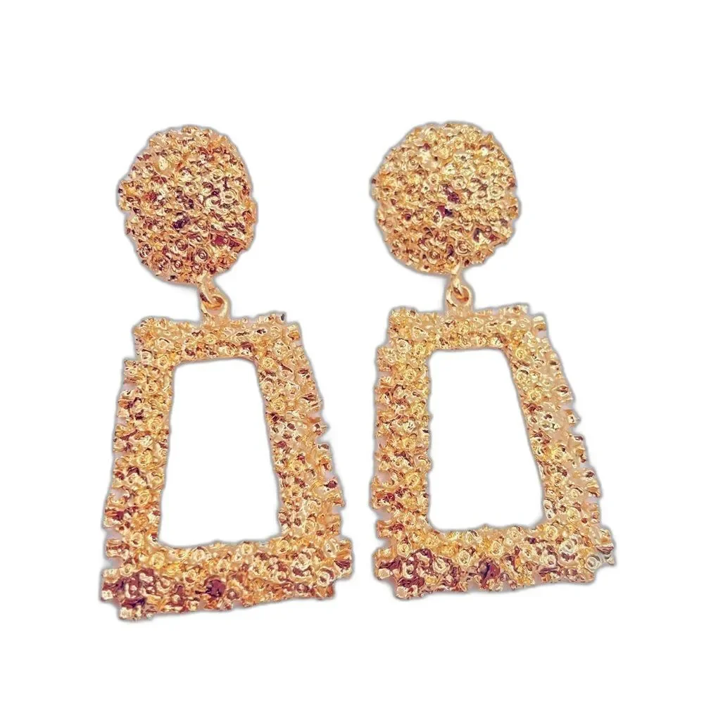 Gold Statement 80s Retro Geometric Textured Dangle Earrings